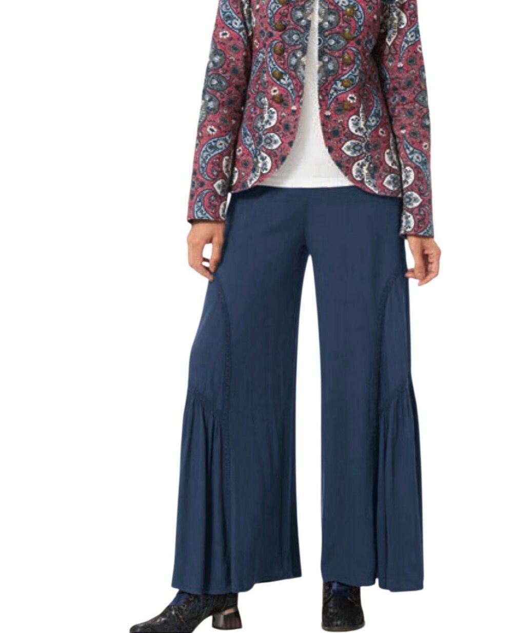 The Pyramid Collection Crochet Trim Wide Leg Pull-on Palazzo Pants Navy Boho S N